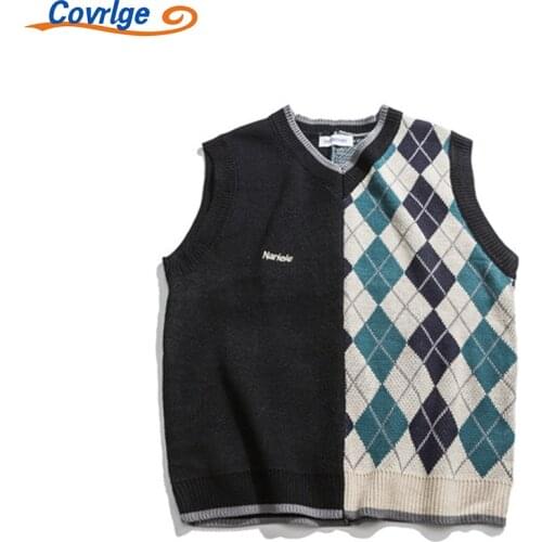 Covrlge Sweater Vest Loose Couple Splicing Mens New Style Autumn Spring Bottoming Trendy Casual All-match Everyday Top MBS007