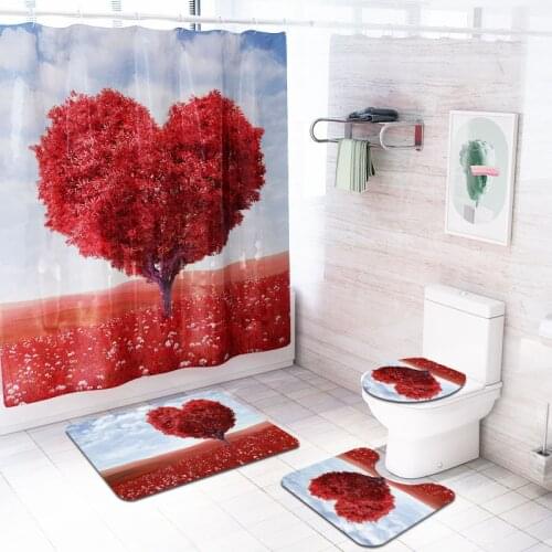 Heart Shaped Tree Waterproof Shower Curtain Pedestal Rug Lid Toilet Cover Mat Bath Mat Set Bathroom Curtains 4pcs/set