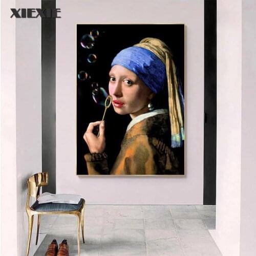 Pearl Earrings Girl Blowing Bubbles Wall Art Canvas Painting and Creative Posters Prints Nordic for Living Room Home Decor