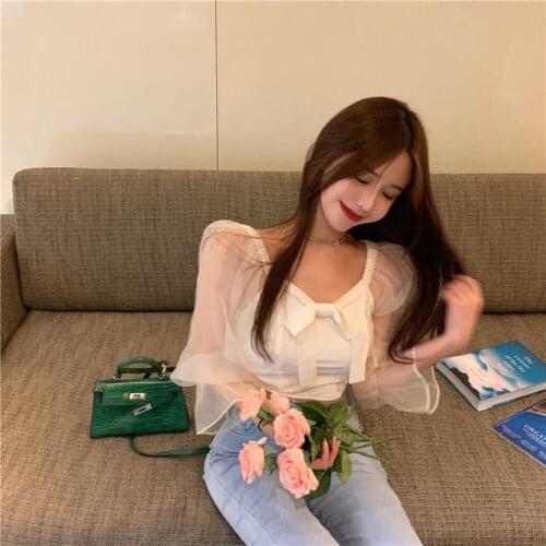 Women Blouse Chiffon Square Collar 2021 Spring Summer Mesh Stitching Bow Bell Sleeve Women Blusas Mujer De Moda