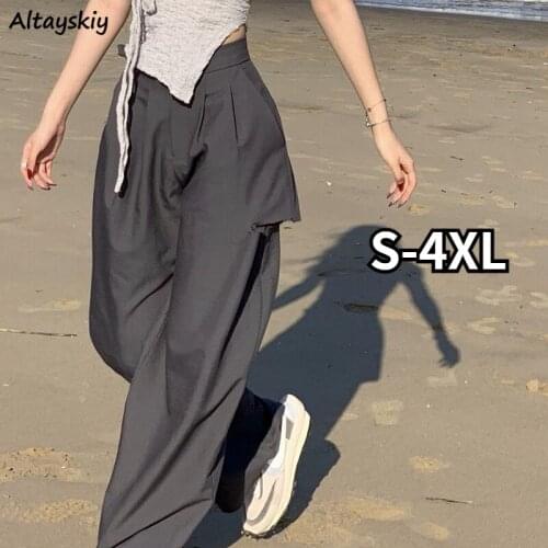 Pants Women Oversize-S-4XL Loose Wide Leg Trouser High Waist Solid Pocket Trendy Boyfriend Full-length Streetwear Ins Hollow Out