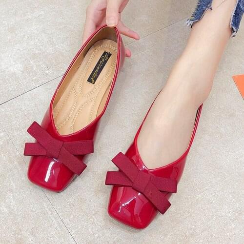 Fashion Ballet Shoes Square Toe Shoes Women Patent Leather Ballet Flat Shoes Casual Footwear With Bow