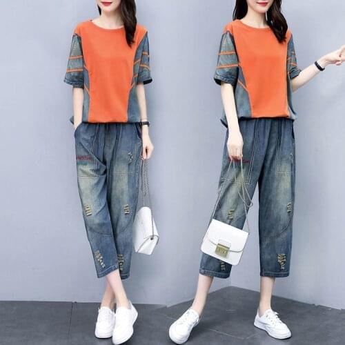 Single/Set Large Size Women Denim Suit Thin Section 2021 Summer New Fashion Jeans Two Piece Female Short-Sleeved Top Ladies L749