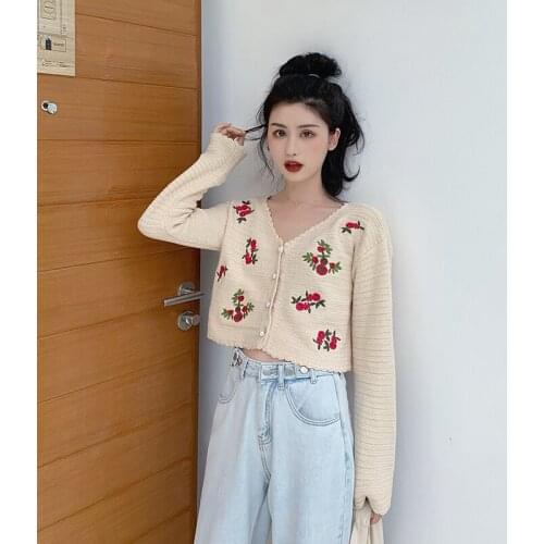 Womens Knitting Sweater Cardigan Spring New V Neck Loose Single Breasted Knitted Female Floral Embroidery Long Sleeve Knitwear