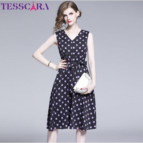 TESSCARA Women Long Elegant Dot Dress Festa Female High Quality Office Party Robe Femme V-neck Designer Sleeveless Vestidos