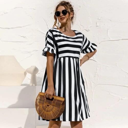 Women Summer Dress Cute Striped Print Ruffles Sleeves Dresses Elegant A Line Patchwork Beach Party Dress Vestidos -40