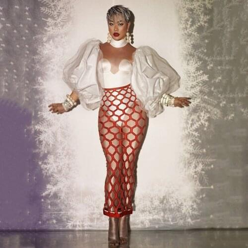 White Lantern Sleeve Spandex Plaid Hollow Dress Women Birthday Celebrate Prom Fashion Outfit Nightclub Bar Stage Costume