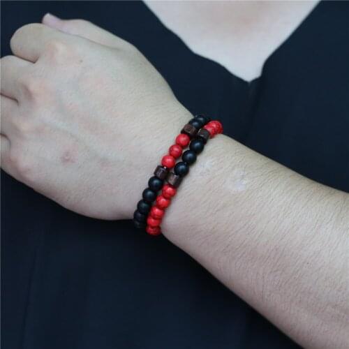 2pcs/set Trendy Love Couple Bracelet Wood Red Stone Beaded Homme Femme Men Bracelets for Women Friend Gift Strand Jewelry Hot