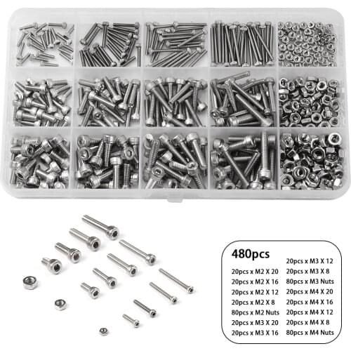 480pcs M2 M3 M4 304 Stainless Steel Cylinder Head Hex Socket Head Cap Screws Nut Assorted Kit