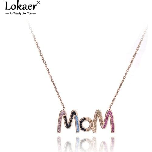 Lokaer Titanium Stainless Steel Colorful CZ Crystal MOM Choker Necklaces For Women Girls Trendy Charm Pendant Necklace N19184