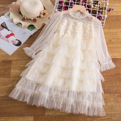 Girls Layers Cake Dresses Kids Autumn Long Sleeve Lace Mesh Flower Elegant Party Tutu Princess Dress Children Winter Clothing
