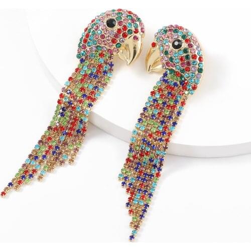 European and American fashion bird shaped long tassel color rhinestone earrings, high quality women wedding banquet jewelry