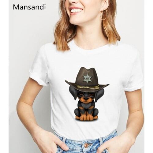 Cute Doberman Puppy Dog Sheriff Printed t shirt women summer tops vogue funny tshirt femme korean style clothes female t-shirt
