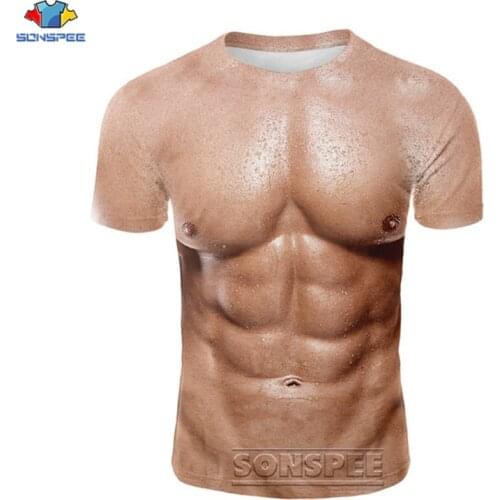 SONSPEE Summer Men Fake Muscle T-shirts 3D Print Strong Pectorales Pattern T Shirt Women Men Abdominal Gym Tee Shirts Streetwear