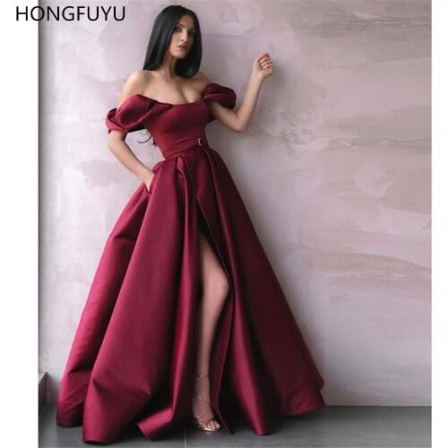 HONGFUYU Off the Shoulder Satin Evening Formal Dress A Line Burgundy vestido de fiesta Long Prom Dresses With Pockets Side Slit