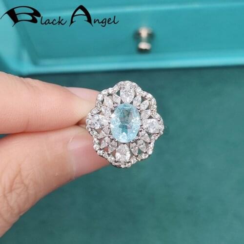 BLACK ANGEL New Silver Sky Blue Topaz Ring Adjustable Princess Engagement Inlaid Luxury Gemstone Wedding Jewelry For Women Gift