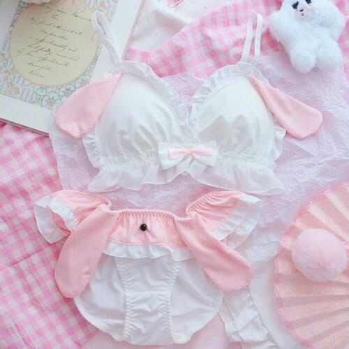 Japanese soft sutia girl lori cute girl heart Lolita rabbit ears underwear wirefree triangle cup breathable elastic bra set