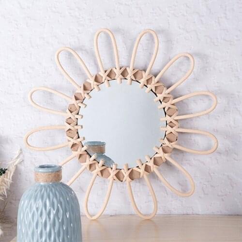 Round Shape Decorative Mirror Rattan Innovative Art Decoration Makeup Mirrors Dressing Wall Hanging Mirror