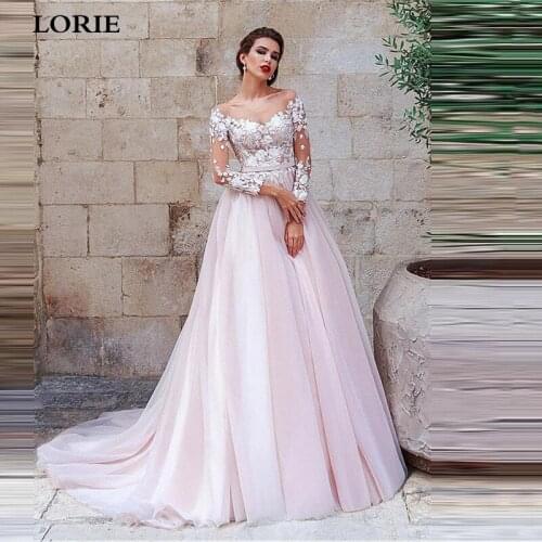 LORIE Pink Bohemian Wedding Dresses Long Sleeve Puff Tulle Lace Bridal Gowns Vestido De Novia Country Style Wedding Party Gowns