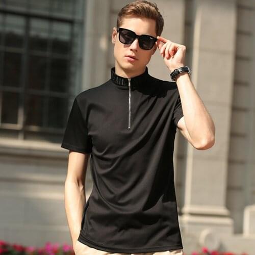 100% Mercerized Cotton T Shirt Men Turtleneck With Letter Embroidery Collar Slim Fit Quick Drying Male Tshirt Black White Brand