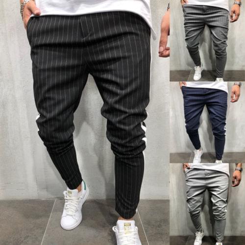 Mens Spring Twill Fashion Color Matching New Stripe Urban Hip Hop Straight Casual Trousers Slim Fitness Long Pants S-3XL