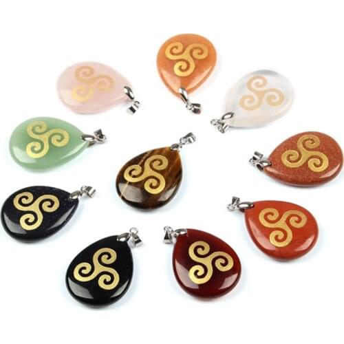 Natural crystal stone water drop shape Fashion Necklace Pendant Celtic Triskels symbol Religious Jewelry men and Women Pendant