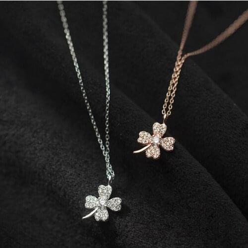 Pure Silver 925 Necklace Girl Clavicle Rose Gold Accessories Female Exquisite Zircon Clover Pendant Necklace For Women Jewelry