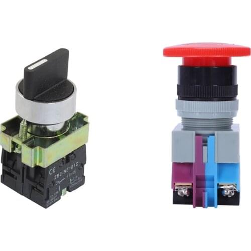 AC 600V 10A Red Mushroom Emergency Stop Push Button Switch 22mm NO NC & 22mm Latching 2 NO 3-Position Rotary Select Switch Black
