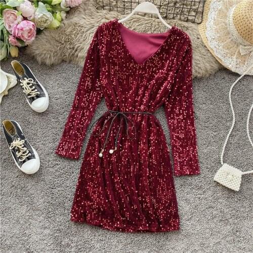 Spring Autumn Womens Sequin V-neck Dress Long Sleeve Dress New Temperament Slim Sexy Party Dress Bottoming Dress GD245