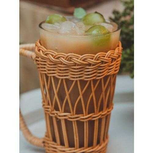 Hand-woven Rattan Woven Water Cup Cover Glass Anti-scald Cover Cup Holder With Handle Protection Cover Home Drinking Accessories
