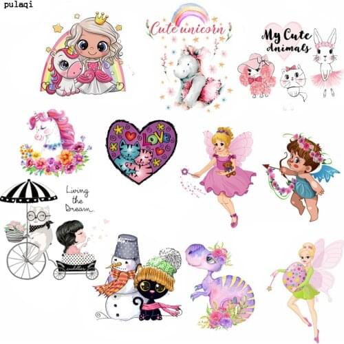 Pulaqi Thermo Stickers Transfer Iron on For Clothes Stripes Heat Transfer Vinyl Applique on Clothes Cartoon Animal Unicorn Patch