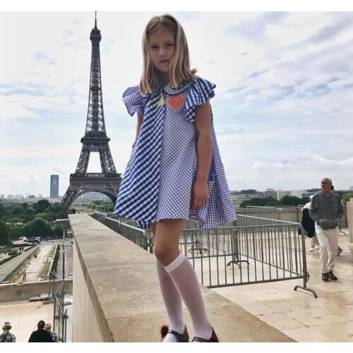 Retail 2021 Summer Baby Girls Blue Striped Plaids Dress, Princess Kids Fashion Clothing 3-7T