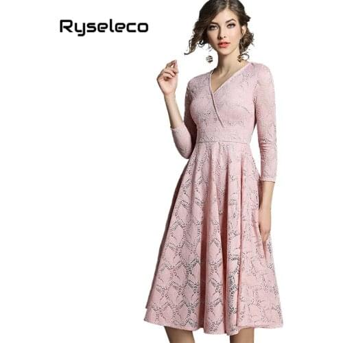 Ryseleco 2018 New Autumn Lady 3/4 Sleeve Big Flare Dress Solid Elegant V-Neck Hollow Out Floral Lace Party Swing Midi Dresses
