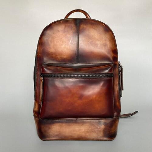 Mens Backpack Casual And Versatile Business Retro Made Old Top Leather Large Capacity Patent Leather Handmade Bag