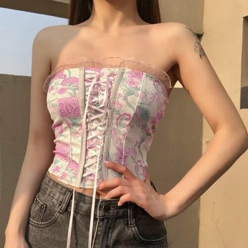 Vintage Women Floral Corset Top Womens Fashion Pink Lace Up Bandage tank bustier top Busiter Crop Tops Women 2021 Sexy Clothes