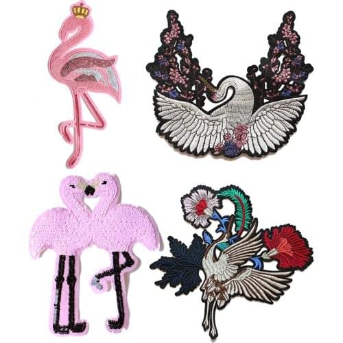 Cartoon Decorative Patch Crane, swan, flamingo Sequins icon Embroidered Applique Patches For DIY Iron on Badges Stickers on bags