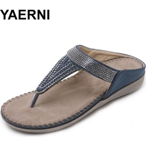 YAERNINew Casual Bohemia Women Sandals Crystal Comfort Slippers Flat Shoes Outdoor Beach Slipper Women Slippers Large Size 35-42