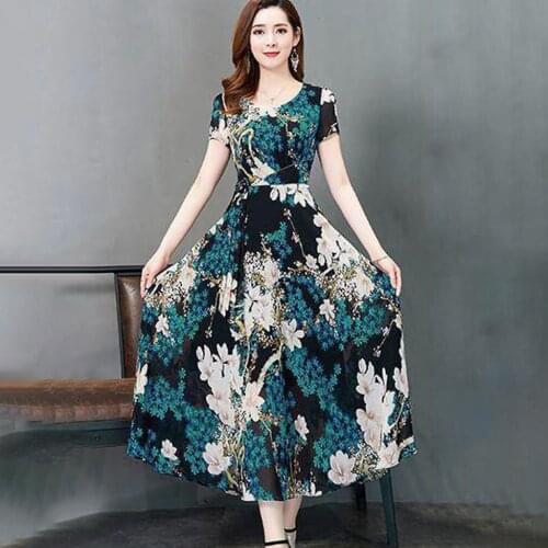 #Z25 Fashion Flower Print Slim Dress Women Summer O-neck Fit Slim Short Sleeves Ladies Beach Dresses Boho Long Sundress Vestidos
