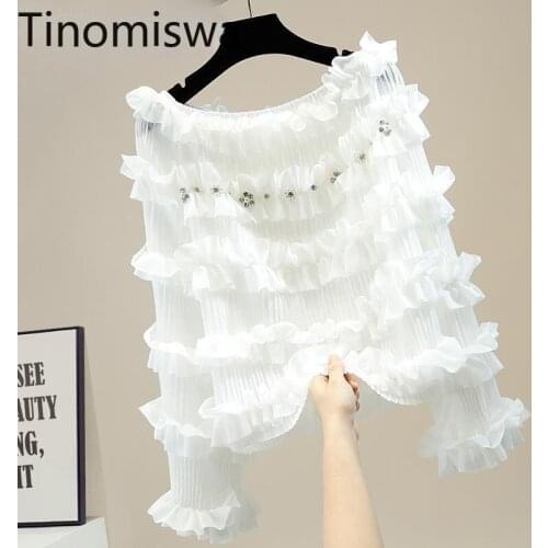 Tinomiswa Slash Neck Long Sleeve Bare Shoulder Shirts Women Fungus Edge Fashion Blouse Diamonds Decoration Chic Tops High Street