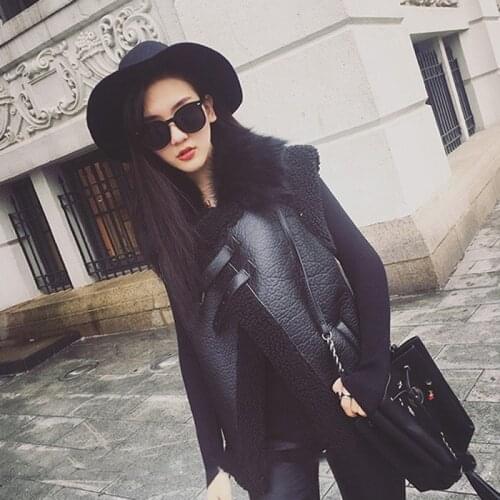 Women Jacket Faux PU Leather Winter Warm Sleeveless Jackets Black Real Fur Collar Coat Waistcoat Gilet