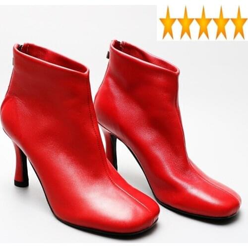 Toe British Style Ankle Square Women Brand Elegant Office Thick High Heel Boots Fashion Genuine Sheepskin Red Booties