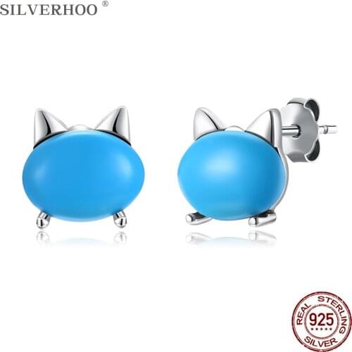 SILVERHOO Earrings Silver Sterling 925 Cute Cat Turquoise Animal Stud Earrings For Women Korean TV Star Elegant Jewelry Gifts