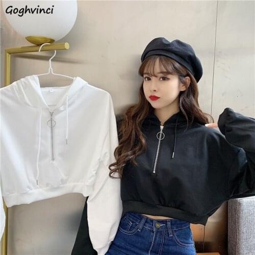 Women with Hat Hoodies Short Style Sweatshirts Solid Hooded Zipper Casual Spring Autumn Fashion Korean Loose Ulzzang Chic Tops