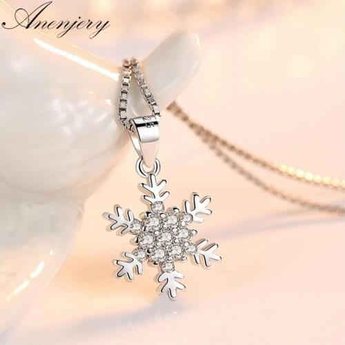 ANENJERY 925 Sterling Silver Necklace For Women Zircon Snowflake Necklaces & Pendants 45CM Chain Box Chain kolye S-N186