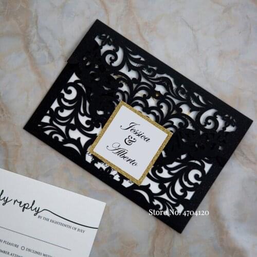 50X Black Shimmer Envelope Party Invitation with Ivory Gold Glitter Tag Personalize Print Wedding Cards in 24 Colors