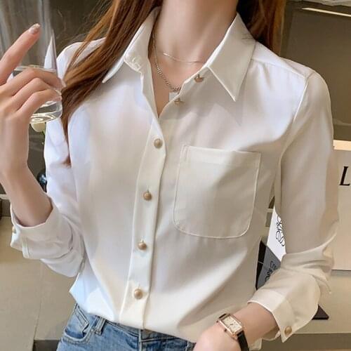 Long Sleeve White Blouse Pockets Chiffon Blouse Shirt Blouse Women Blusas Mujer De Moda 2021 Turn Down Collar Office Blouse E460