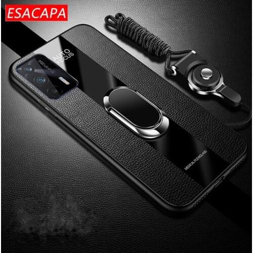 PU Leather Ring Holder Case for Realme GT Anti-Knock Plexiglass + Leather Stand Phone Cover for Realme GT 5G Protection Cases