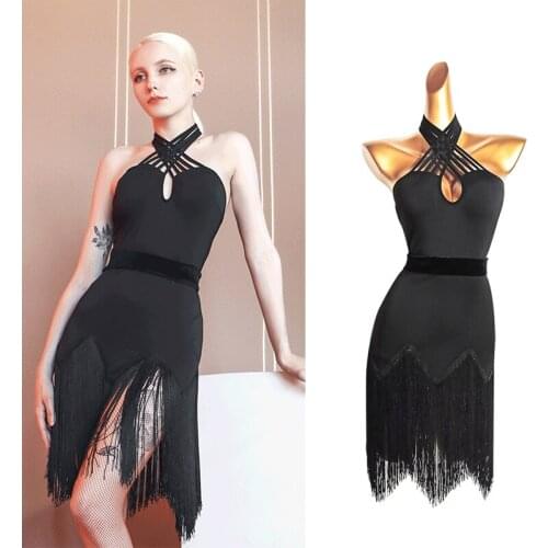 Black Halter Latin Dance Dress Salsa ChaCha Sexy Competition Costume Clothes Prom Party Tango Performance Stage Costume VDB3912