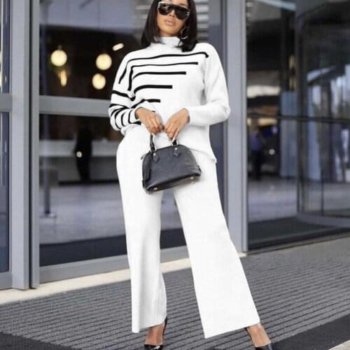 Designer Turtleneck Elegant Office Lady Outfit Two Piece Set Women Fashion Long Sleeve Tops Flare Pants Loose 2021New Streetwear