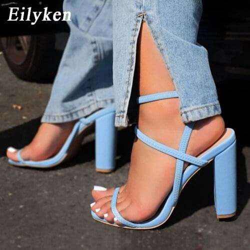 Eilyken Sandals Women 2021 Summer New Fashion Open Toe Thick High Heels Female Ankle Elastic Band Party Shoes Pumps Blue Black